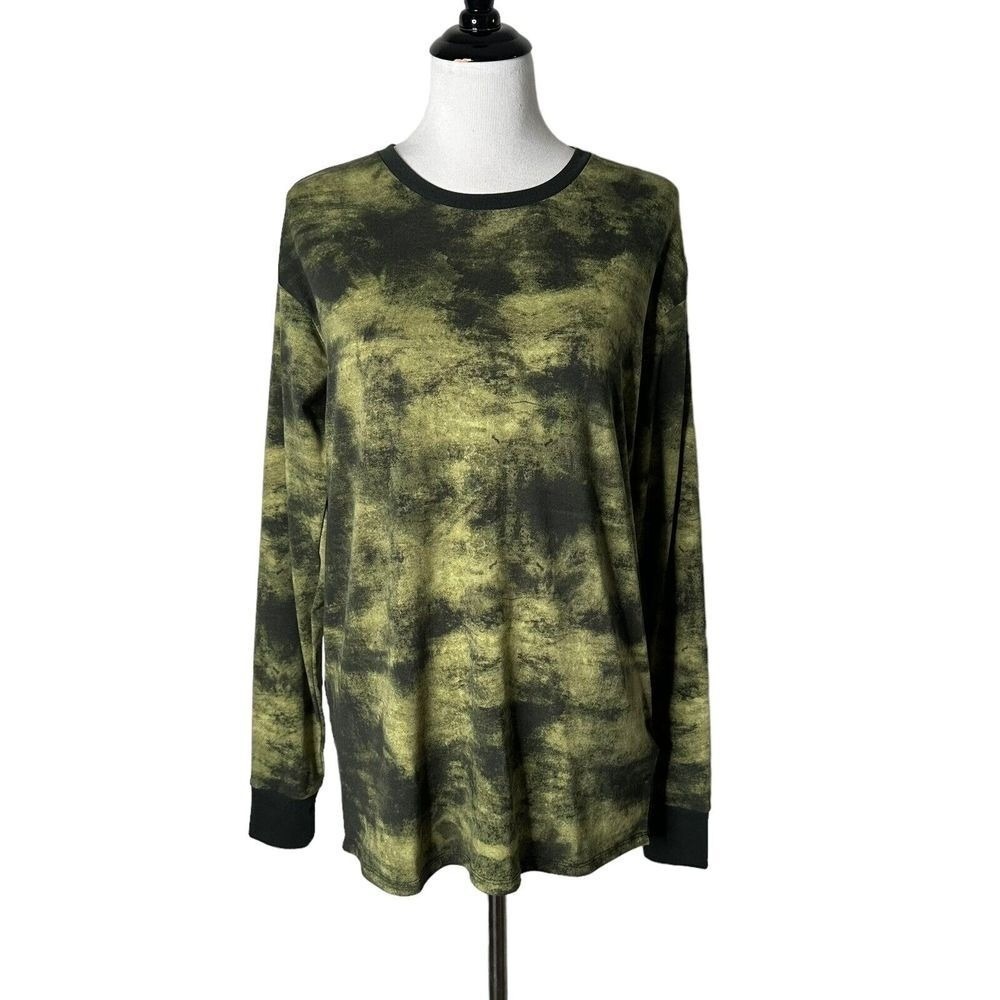 Grunge Abstract Tie Dye Pullover Blurry Camo Long Sleeve Top XS Olive Green